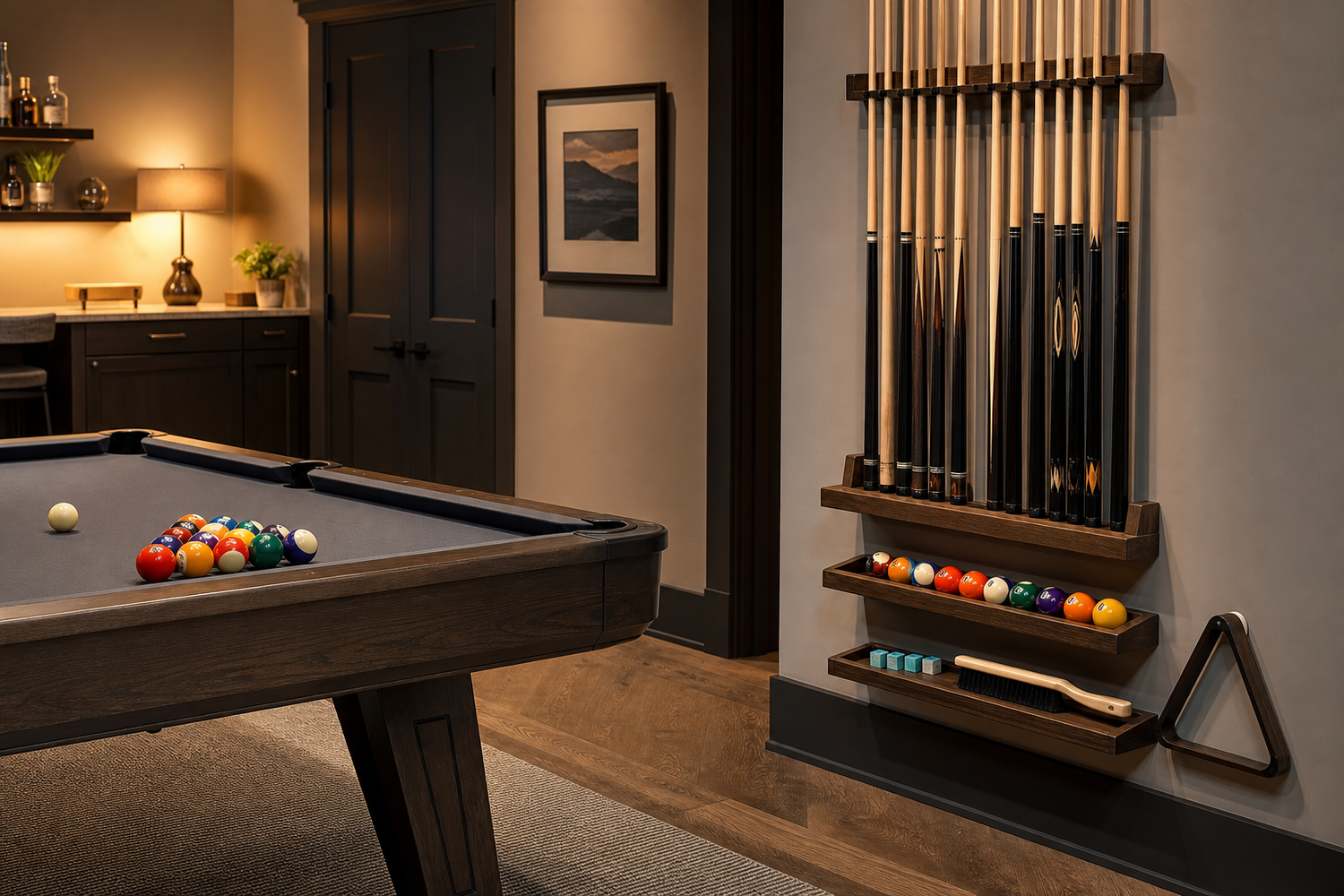Pool table beside an organized wall rack for cues and billiards accessories