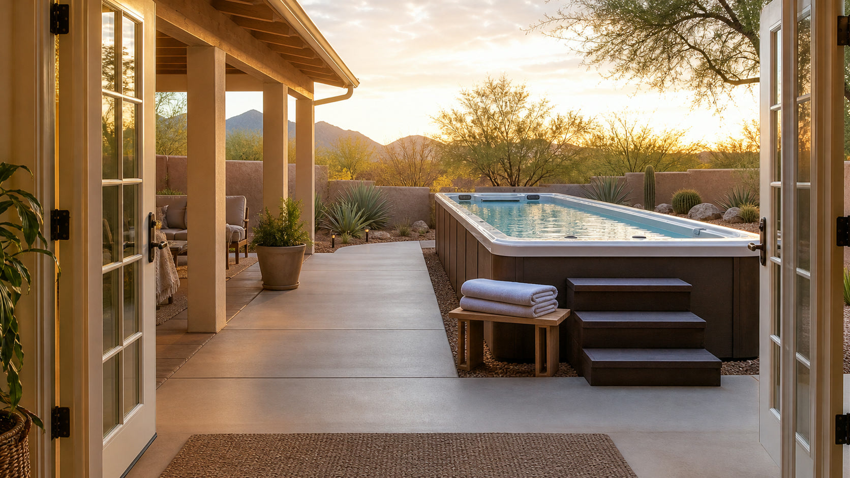 Swim spa a short walk from open patio doors with entry steps and towels nearby