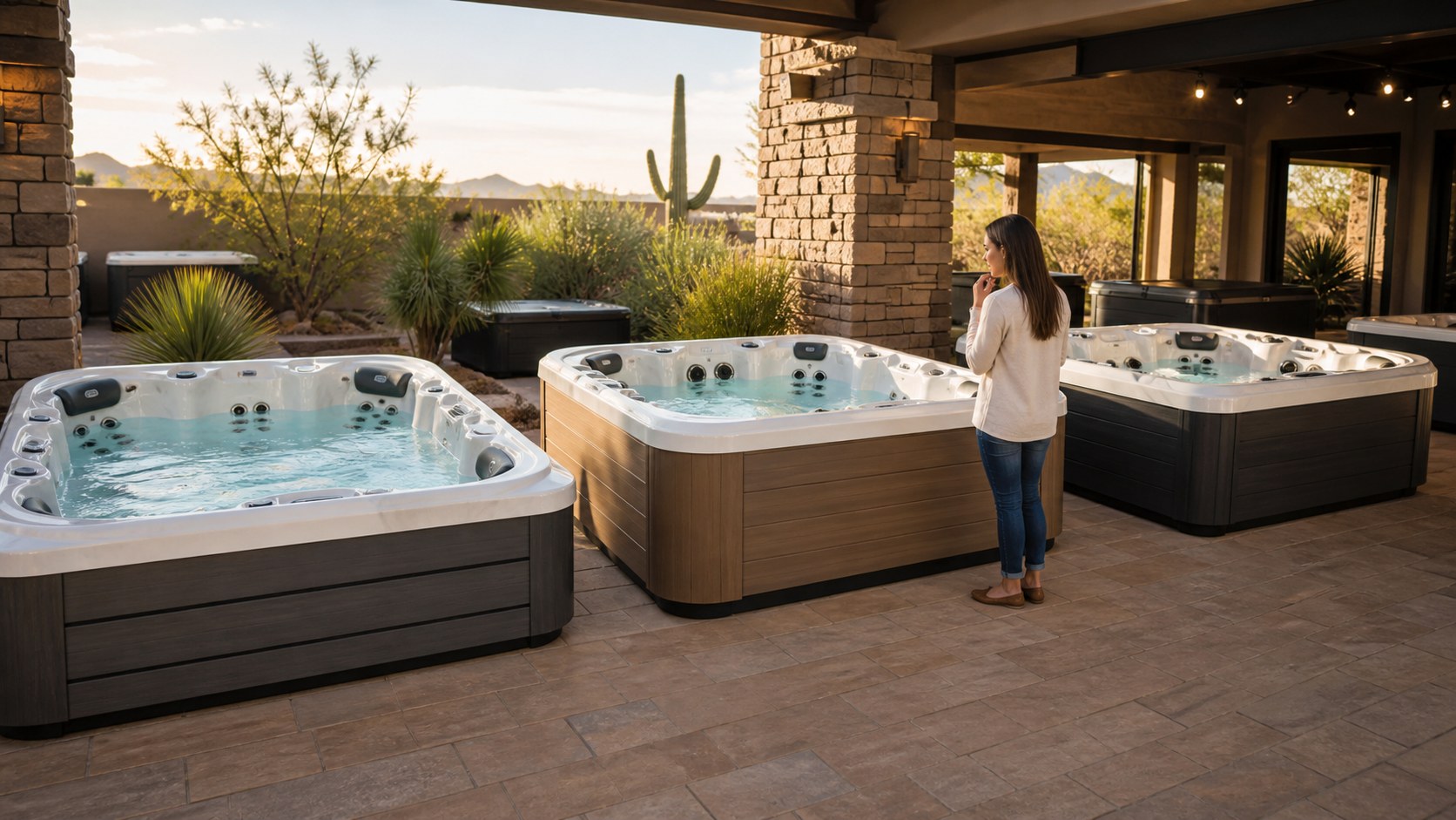 Shopper comparing three hot tub models on a Southwest showroom patio
