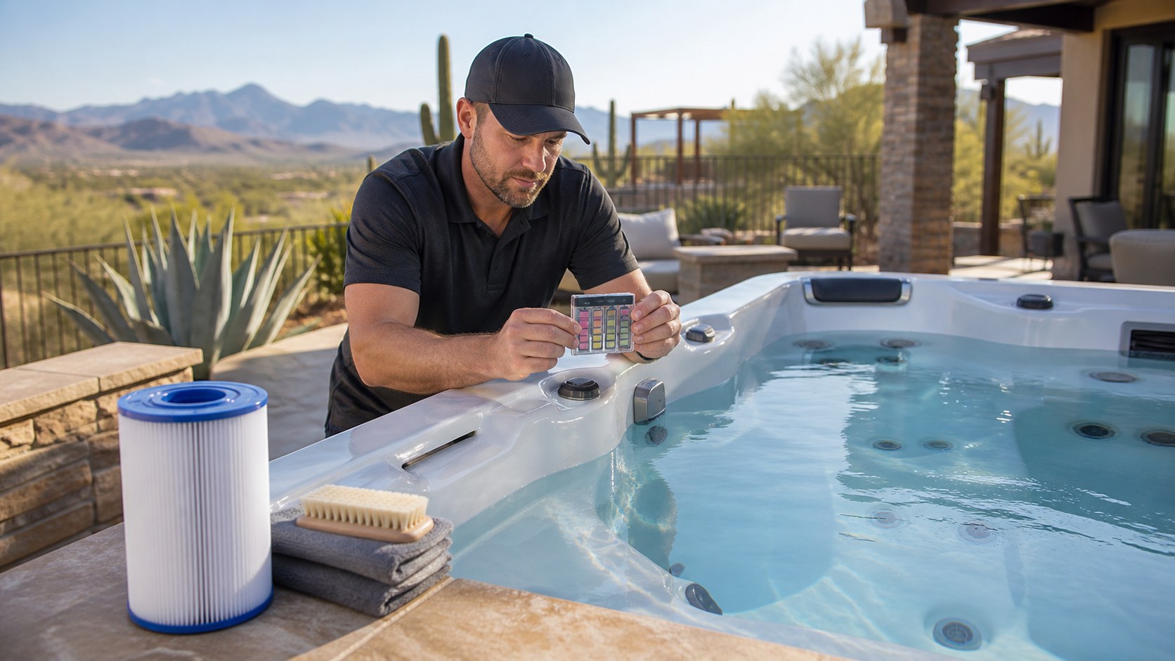 Technician testing hot tub water beside a clean filter on a Southwest patio