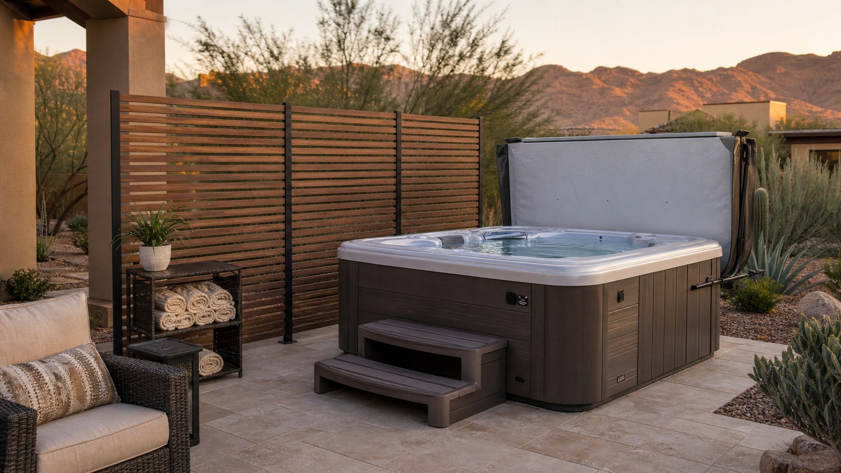 Hot tub with an open cover, slatted wind screen, clear steps, and accessible patio space
