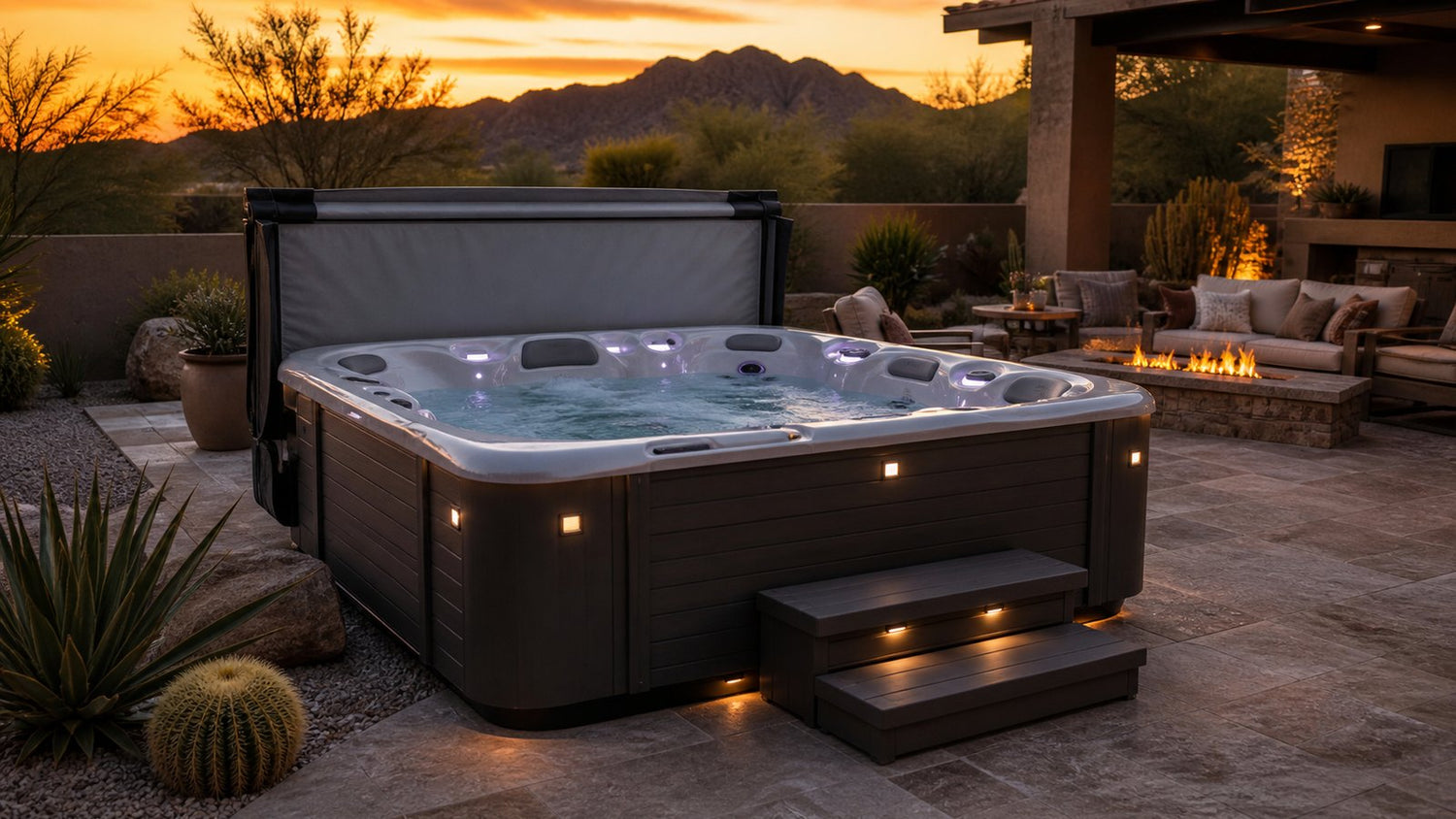 Luxury hot tub on a Southwest patio at sunset with outdoor seating