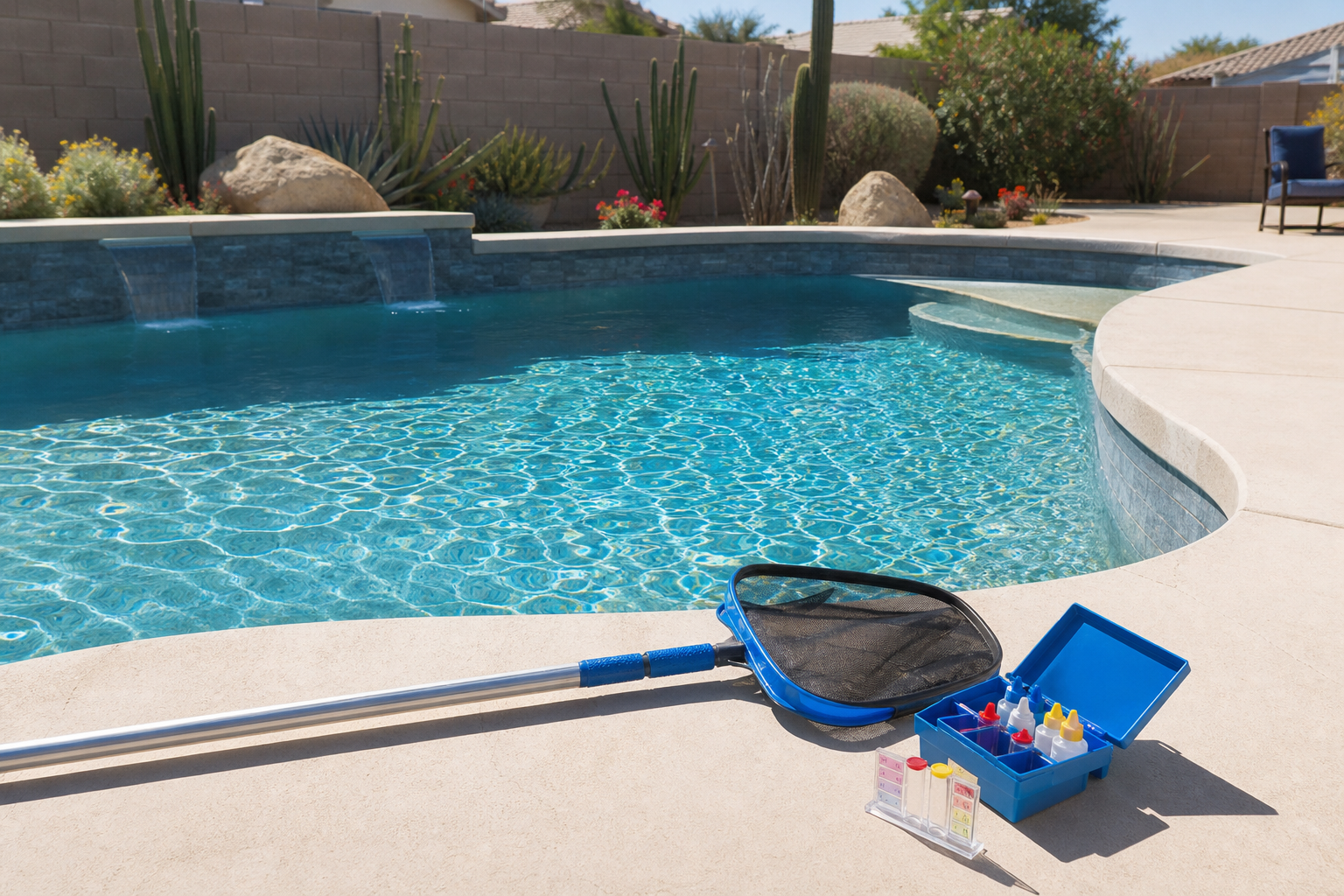 Clear backyard pool with skimmer net and water testing kit on the pool deck