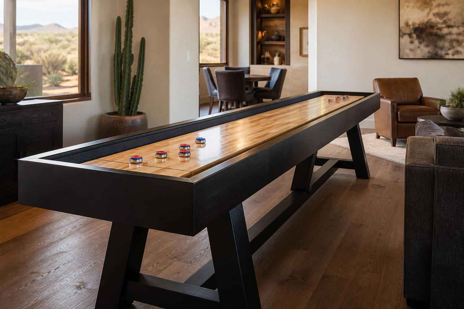 Shuffleboard table in a home game room with accessory storage nearby