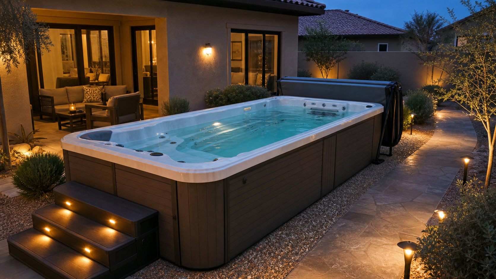 Freestanding swim spa with illuminated steps and path lights on a Southwest patio at dusk