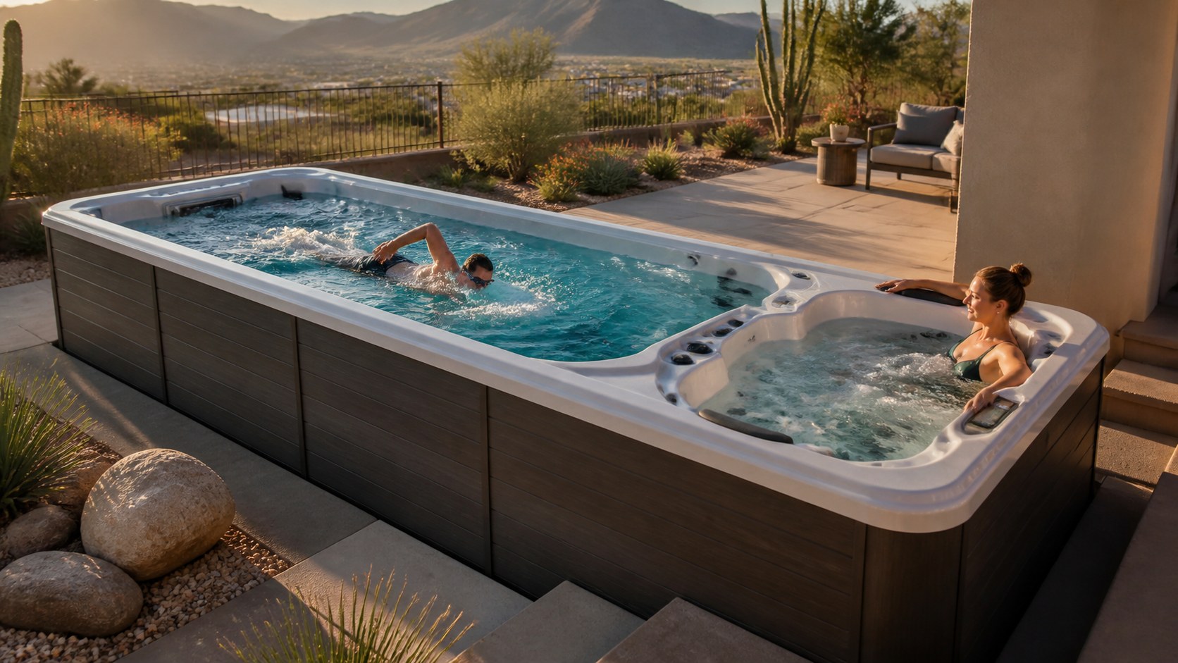 Swimmer and soaking guest using separate fitness and relaxation zones of a swim spa