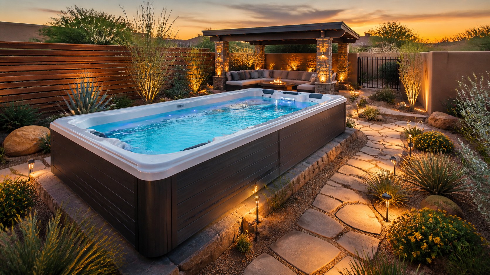 Swim spa surrounded by desert landscaping, stone paths, privacy screens, and patio lighting