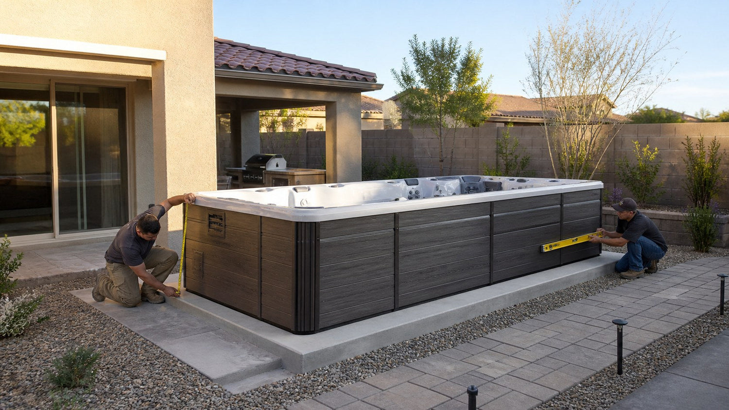Installers checking swim spa clearance and level on a concrete backyard pad