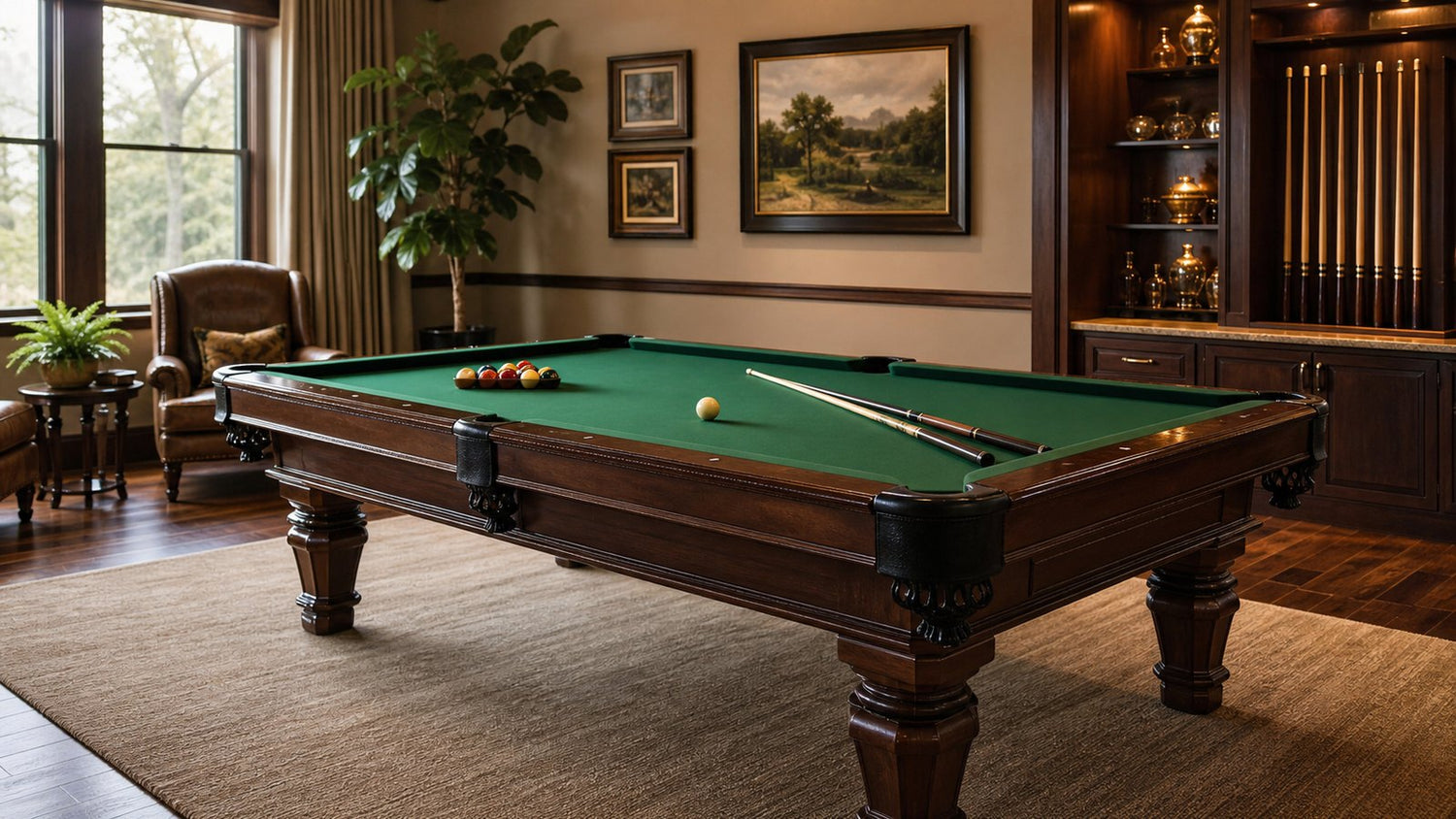 Classic green felt pool table in an elegant wood game room