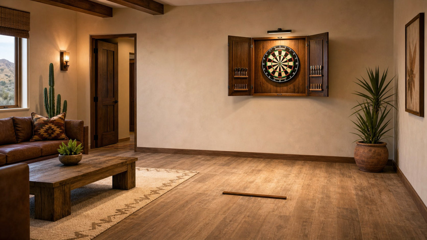 Dartboard cabinet with a clear throw lane and seating outside the room traffic path