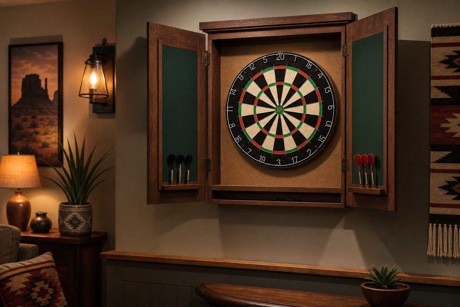 Dartboard cabinet with darts and scoreboards organized for a game room