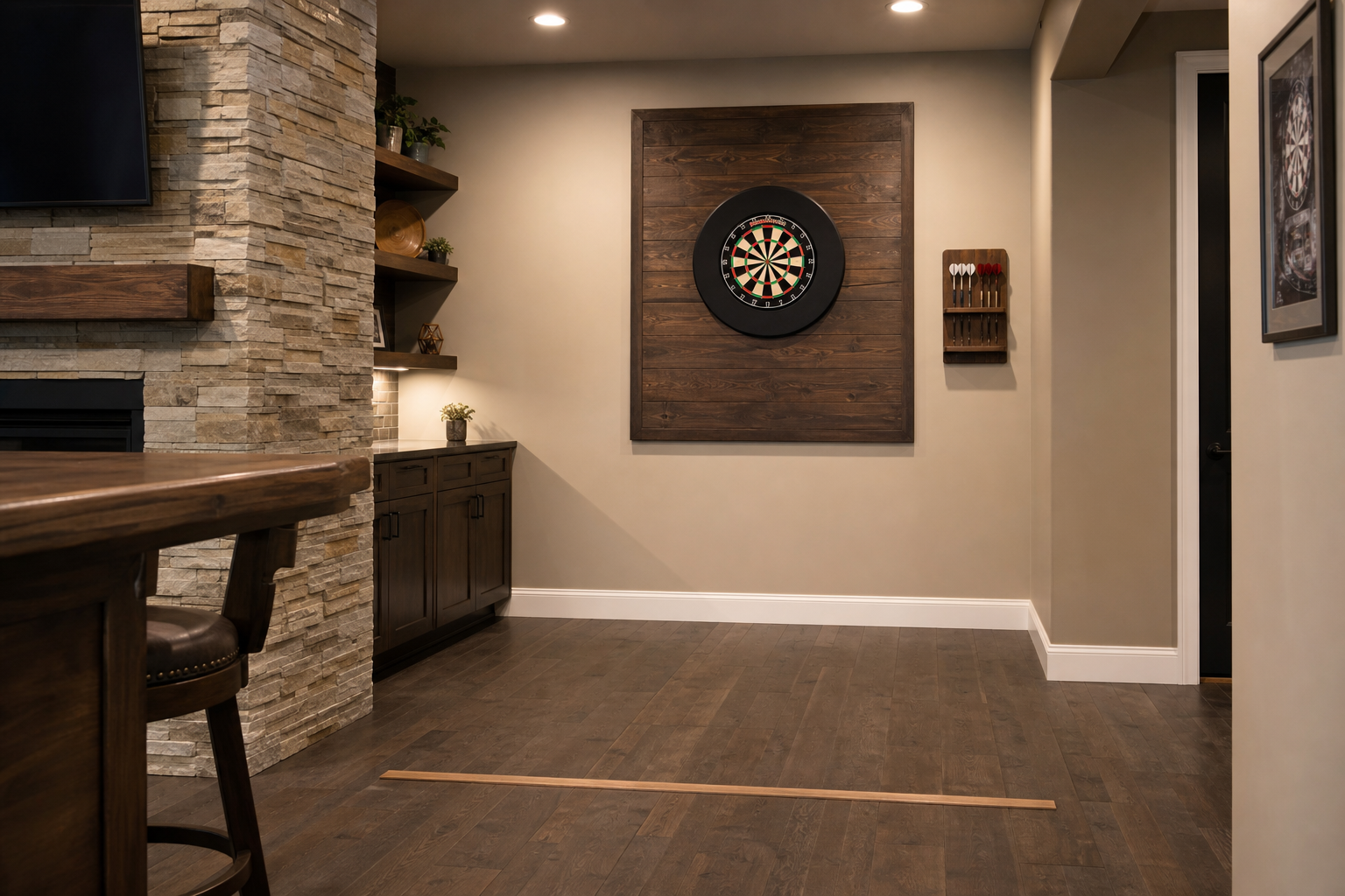 Home dartboard wall with an open throwing lane and floor marker