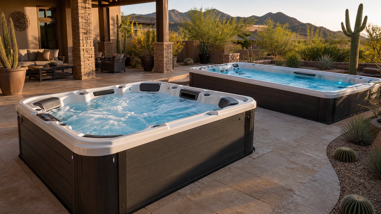 Hot tub and swim spa on a Southwest backyard patio