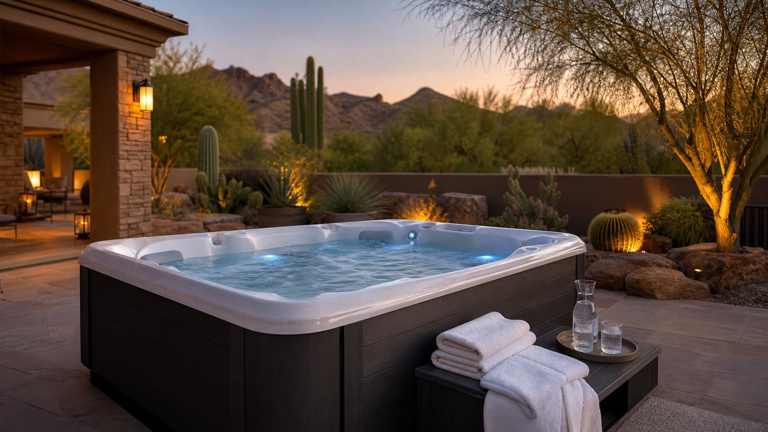Peaceful hot tub on a Southwest patio with folded towels and water glasses