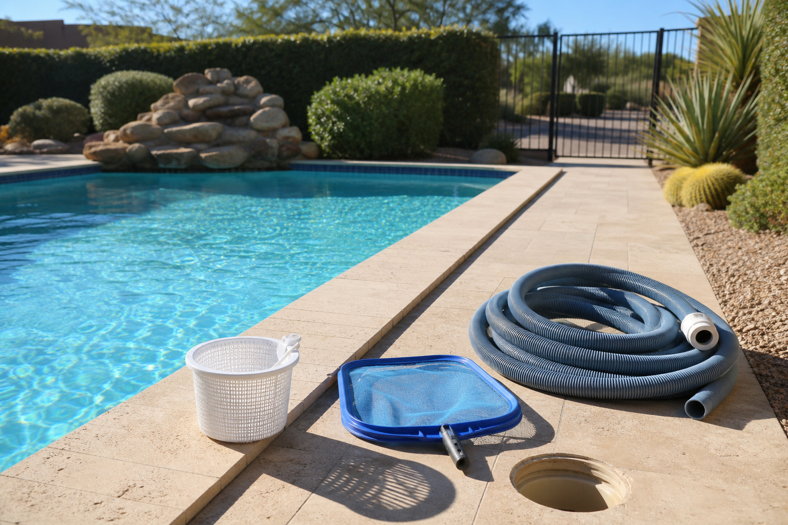 Backyard pool with a clear gate path and pool service tools nearby