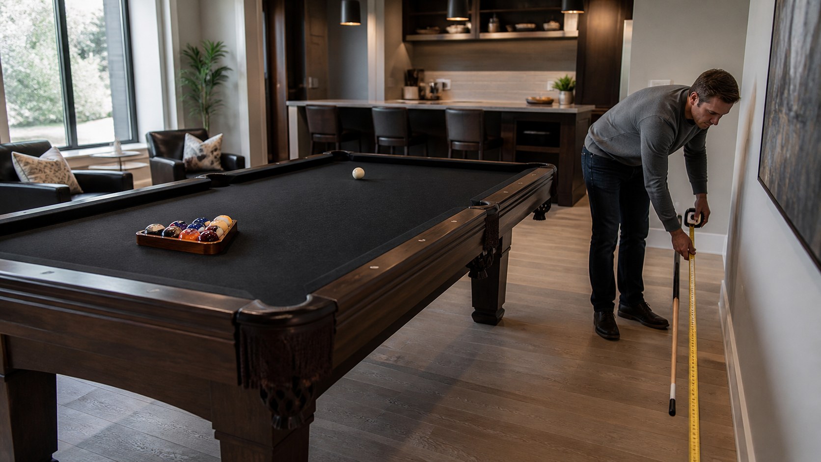 Homeowner measuring cue clearance between a pool table and game room wall