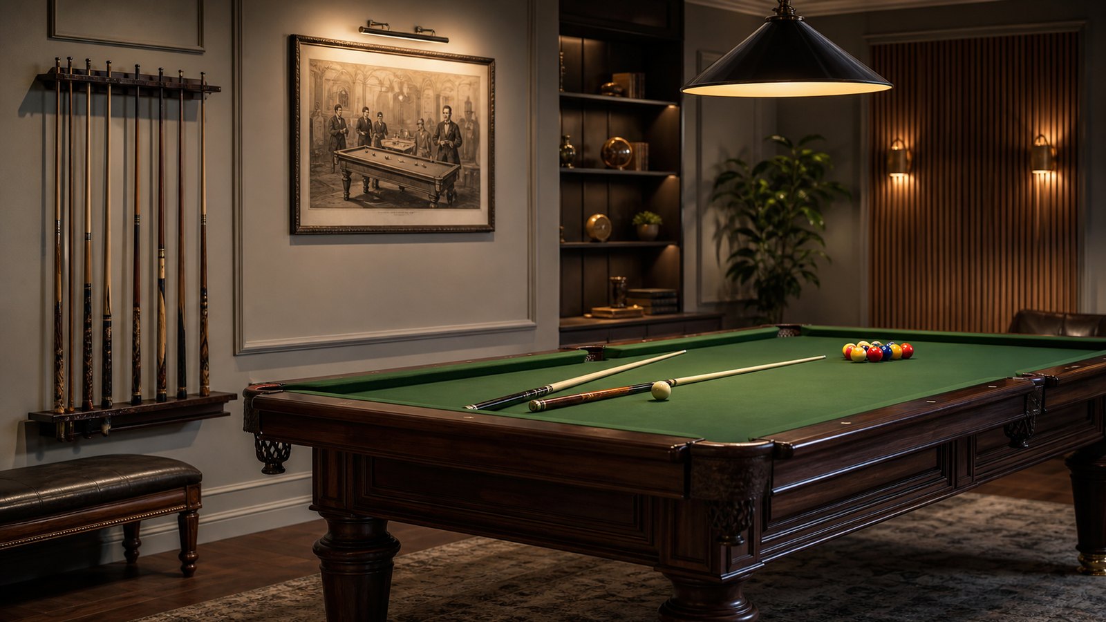 Classic pool table with vintage cues and framed billiards artwork