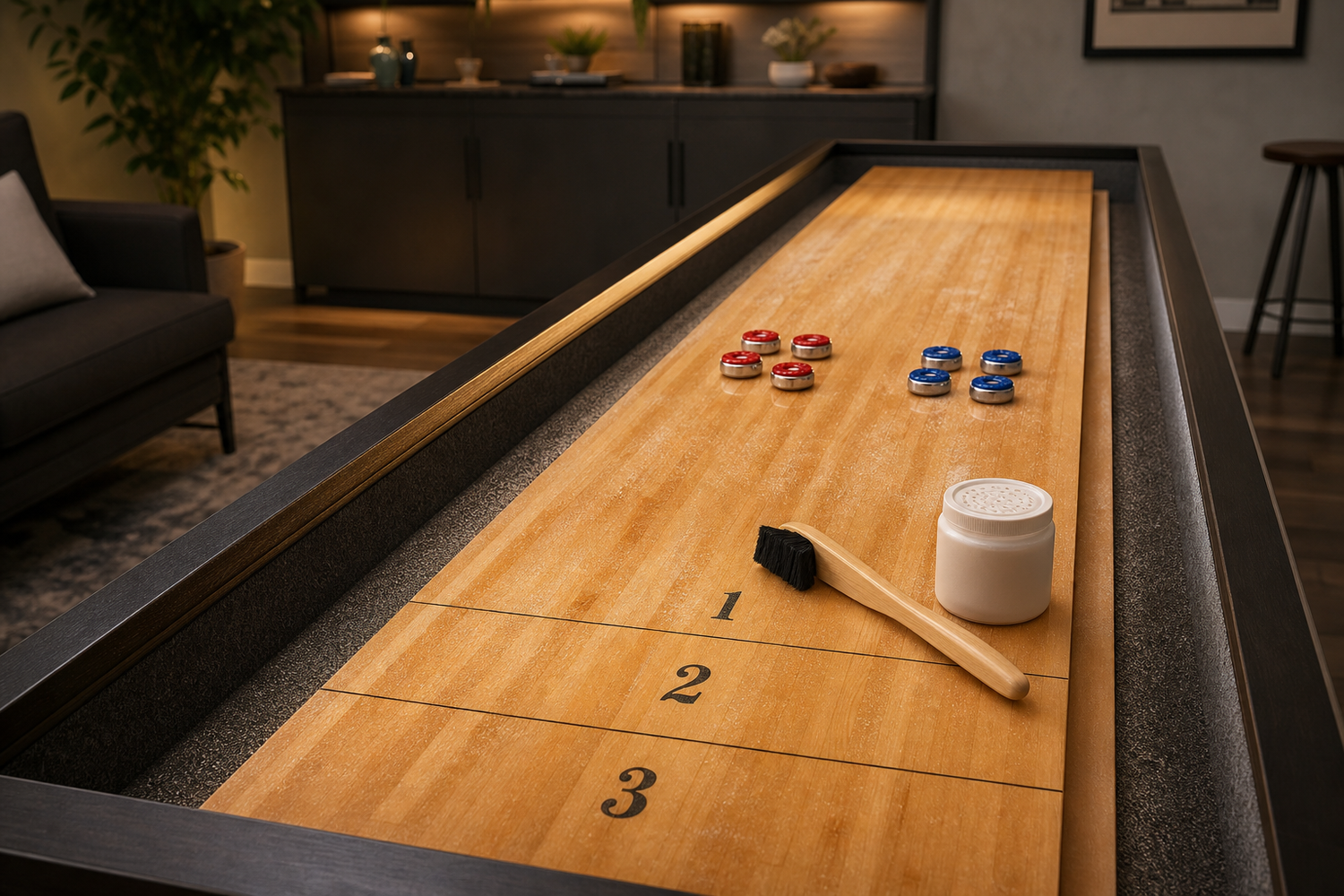 Shuffleboard table with pucks, a soft brush, and shuffleboard wax