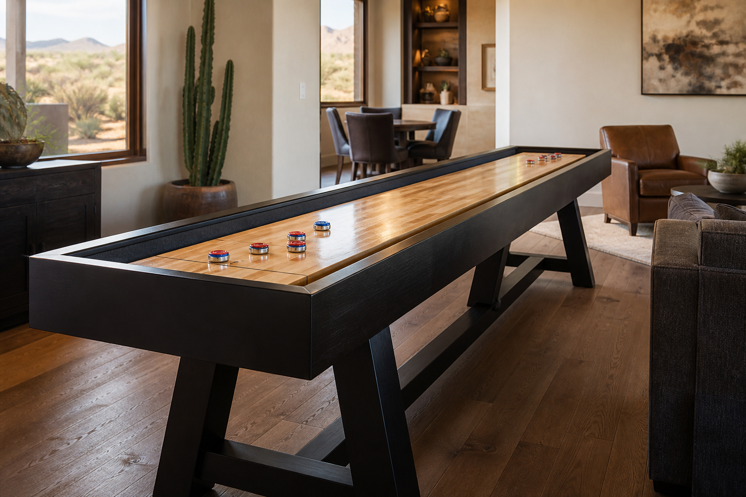 Shuffleboard table in a home game room with seating and warm lighting