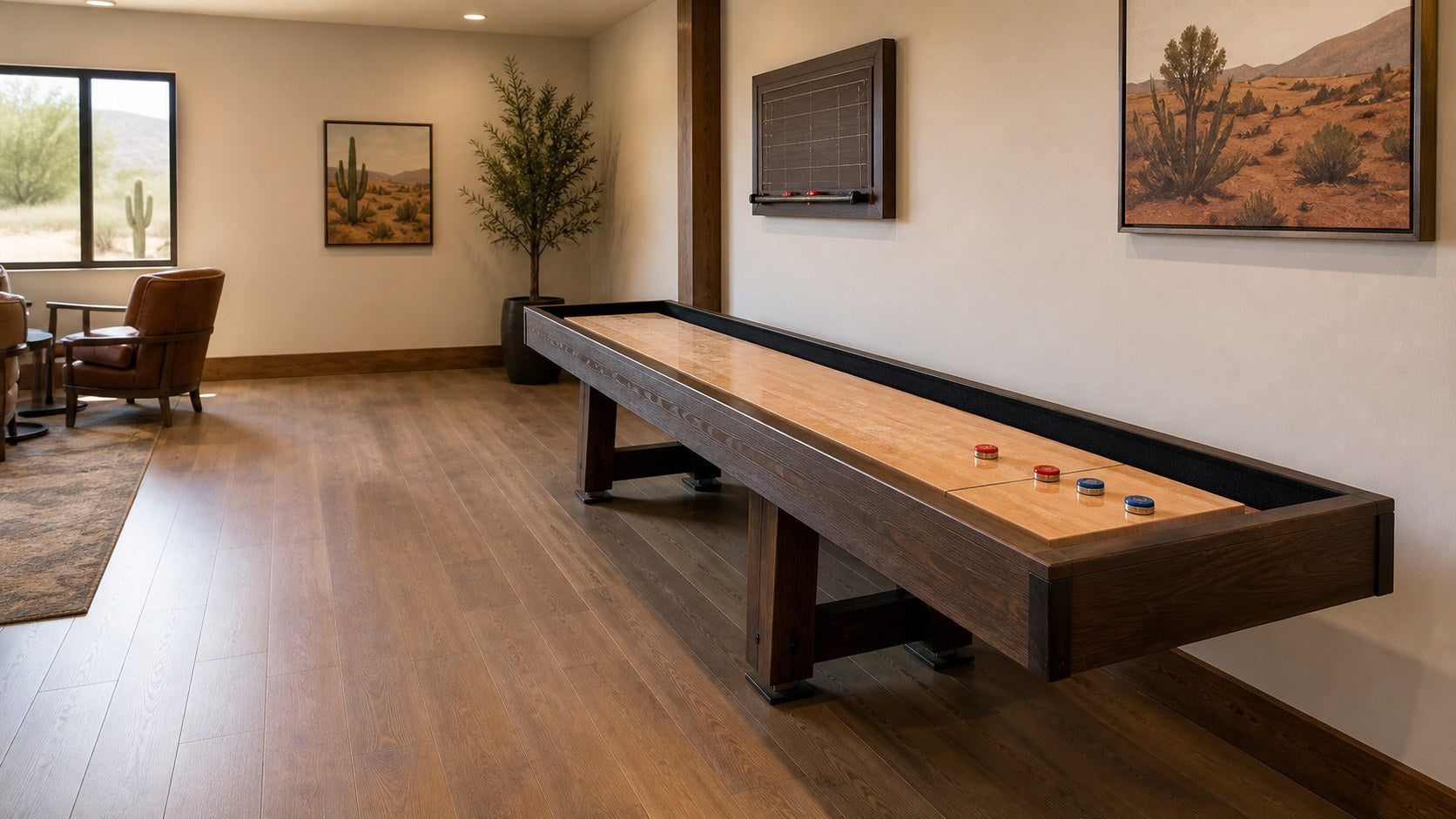 Long shuffleboard table with open standing clearance at the throwing end in a home game room