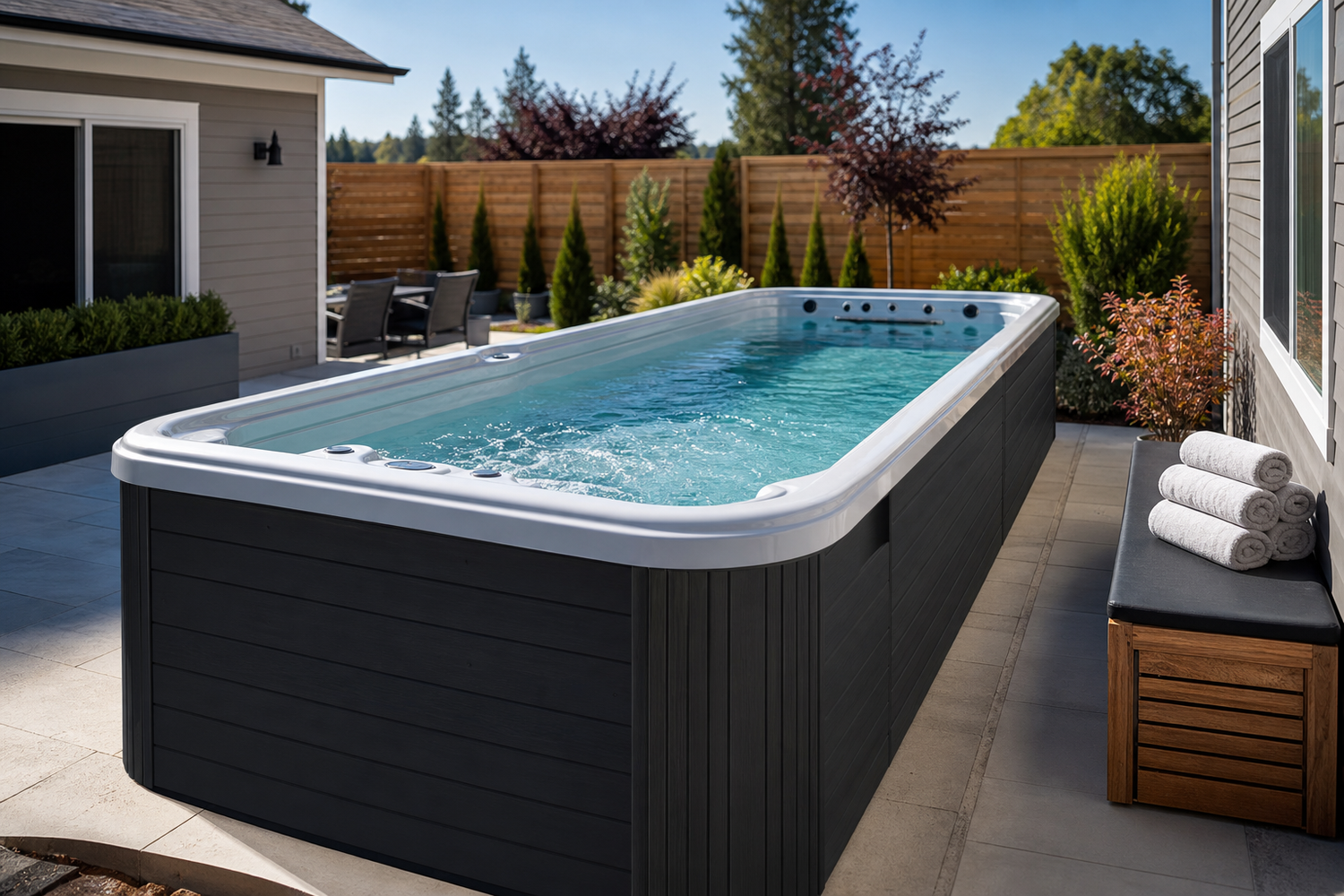 Swim spa on a patio with a clear walkway and nearby towel bench