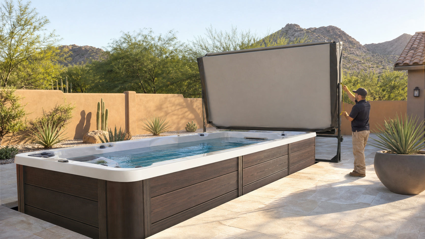 Contractor measuring clearance beside a raised swim spa cover in a Southwest backyard