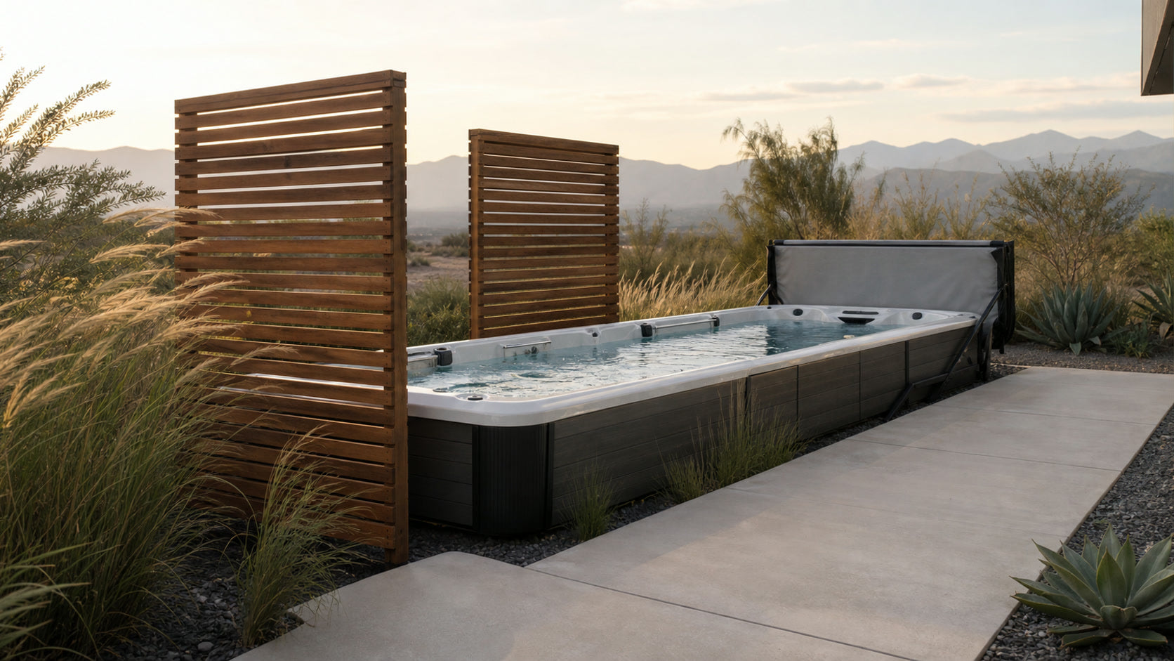 Swim spa beside offset slatted privacy screens and wind-blown grasses on a desert patio