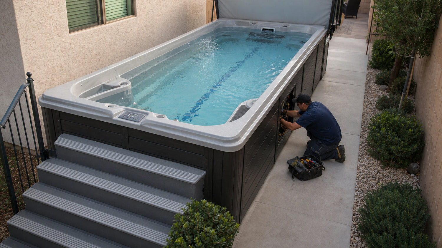 Technician accessing a swim spa service panel beside entry steps and an open cover