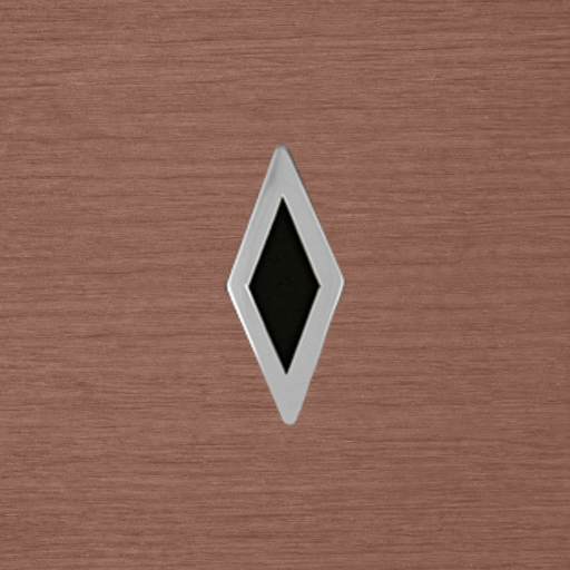 Single enlarged illustrative overhead common polished-silver/black-inlay double-diamond detail on own-source-calibrated Natural Walnut top-rail support; not installed Pierce hardware, identical material, color, SKU, placement or scale